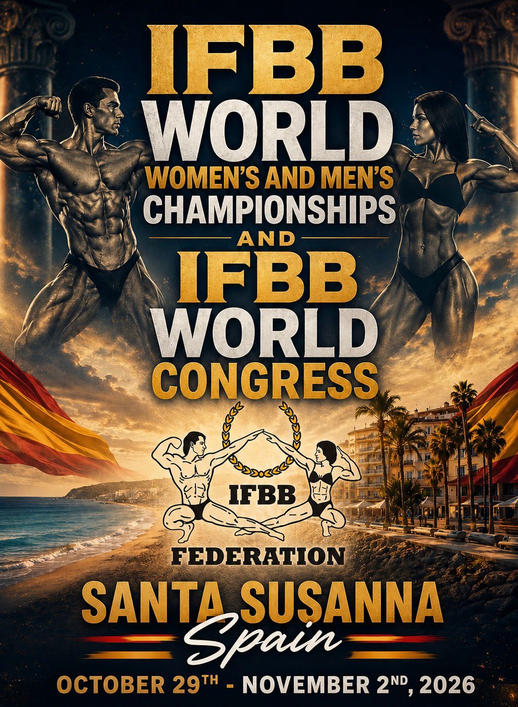 IFBB:n MM-kilpailujen 2026 virallinen juliste. Santa Susanna, Espanja, 29.10.–2.11.2026.
